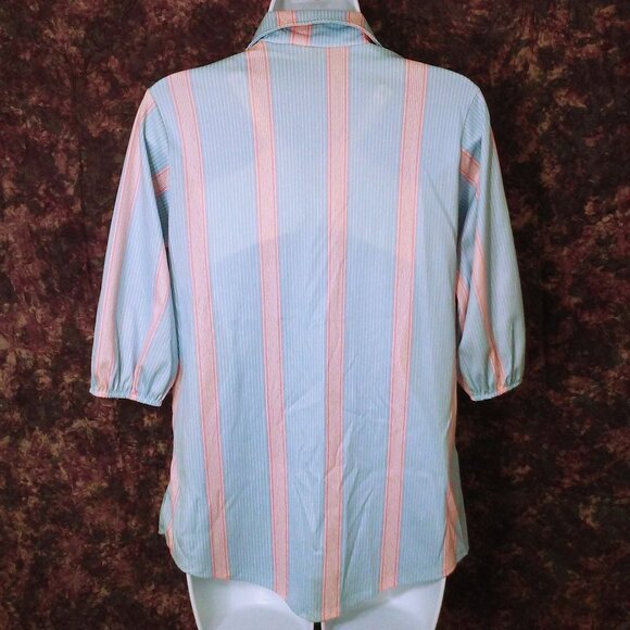 Vintage 70s Randon USA-Made Striped Knit Top Tunic Lady-(36) V-Collar Puffy SSL - Picture 6 of 10